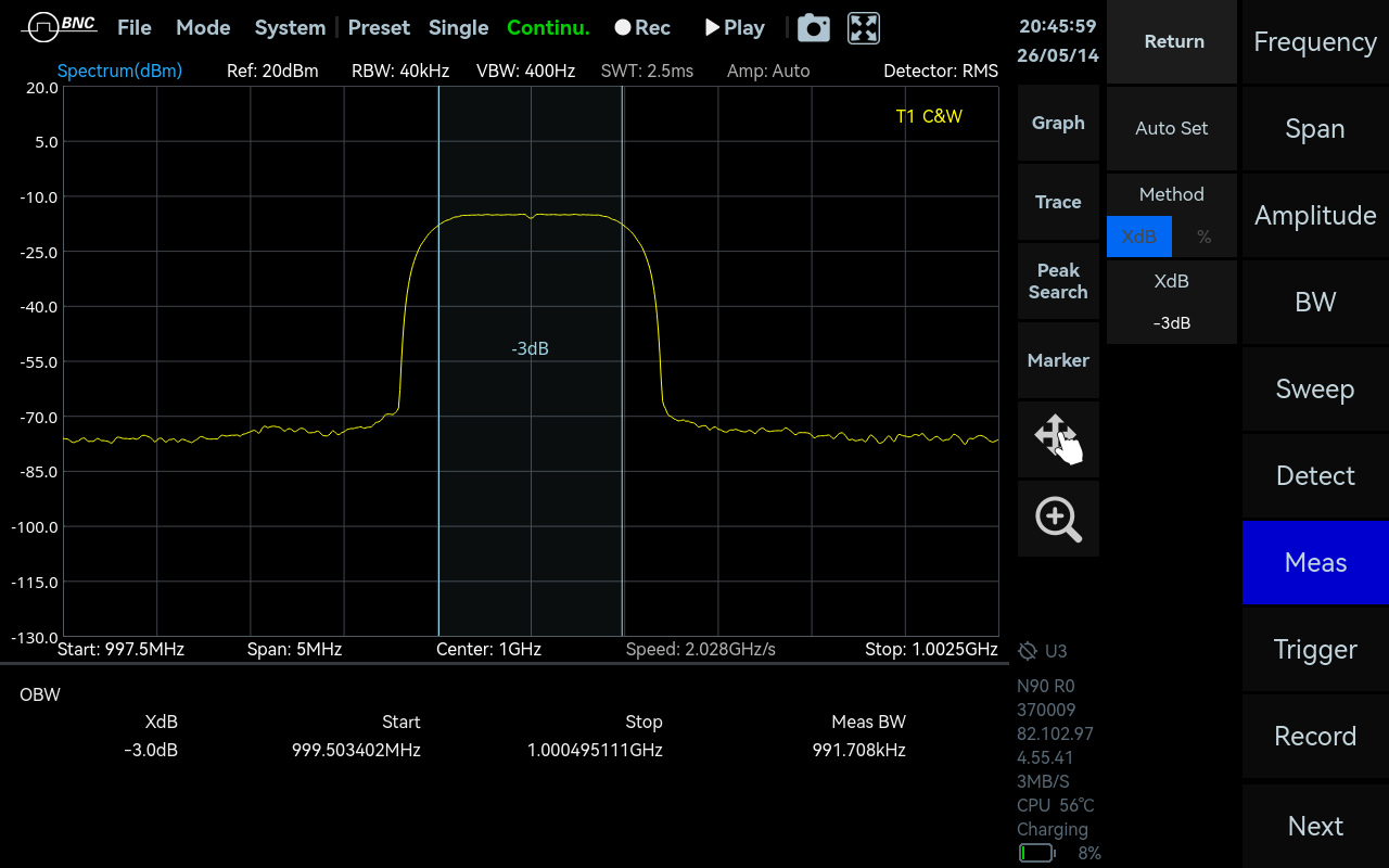 OBW measurement screen in Vector Signal Studio